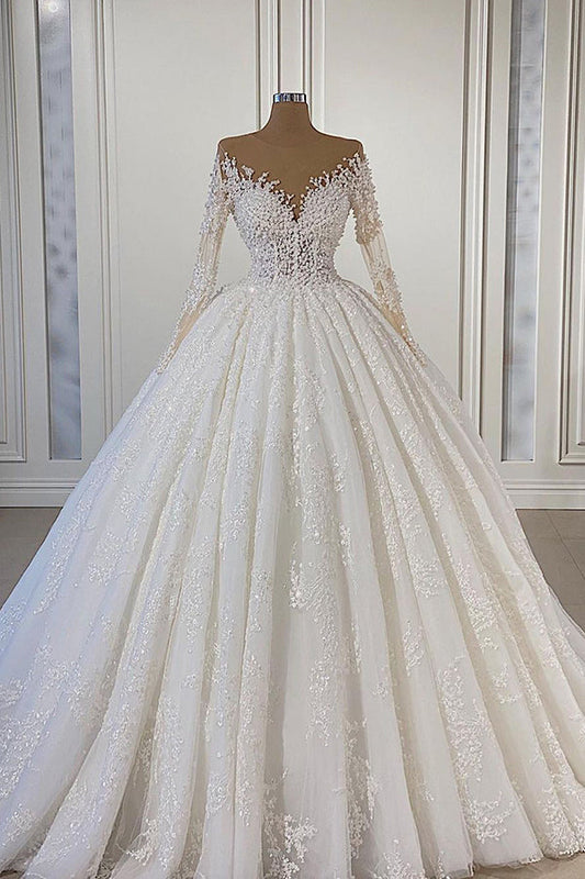Gorgeous Long Sleeves Ball Gown Wedding Dress With Lace Beads