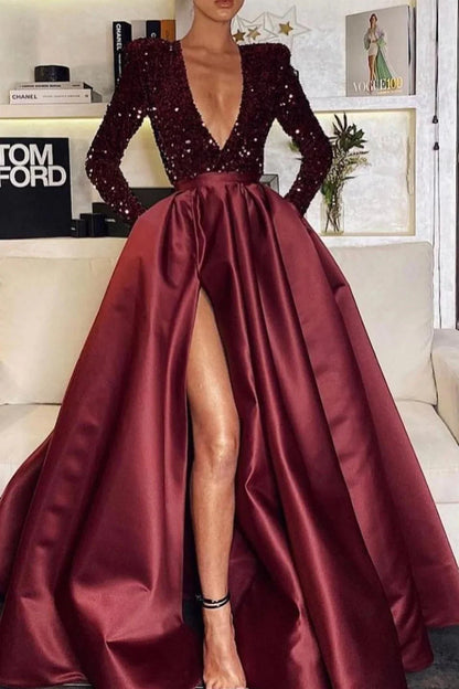 Gorgeous Long Sleeves Deep V-Neck Evening Dress Sequins With Split