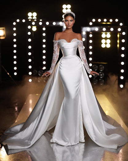 Gorgeous Long Sleeves Off-the-Shoulder Lace Mermaid Wedding Dress with Overskirt