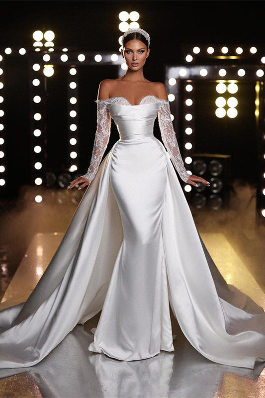 Gorgeous Long Sleeves Off-the-Shoulder Lace Mermaid Wedding Dress with Overskirt