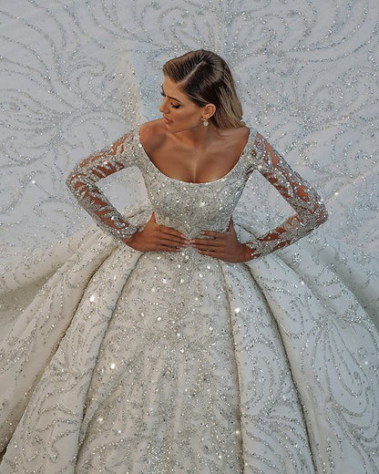 Gorgeous Modest Long Ball Gown Wedding Dress with Off-the-Shoulder Backless Crystal Embellished with Sequins