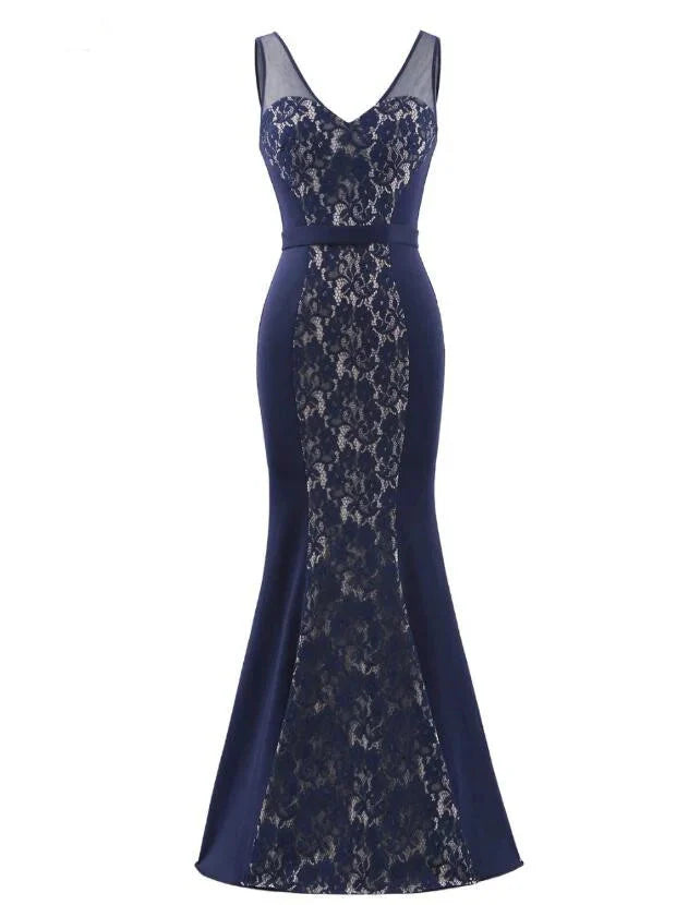Gorgeous Navy V-Neck Lace Prom Dress Mermaid Long Evening Gowns