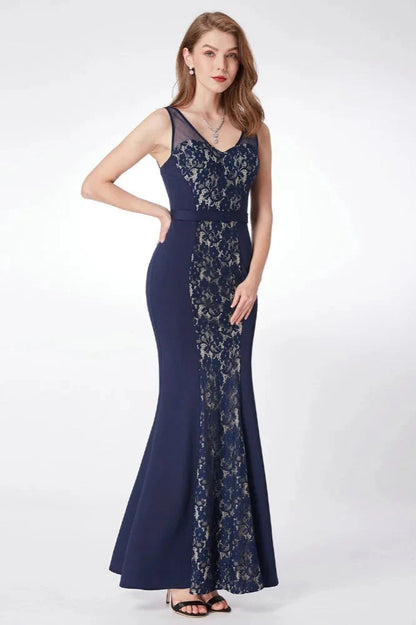 Gorgeous Navy V-Neck Lace Prom Dress Mermaid Long Evening Gowns