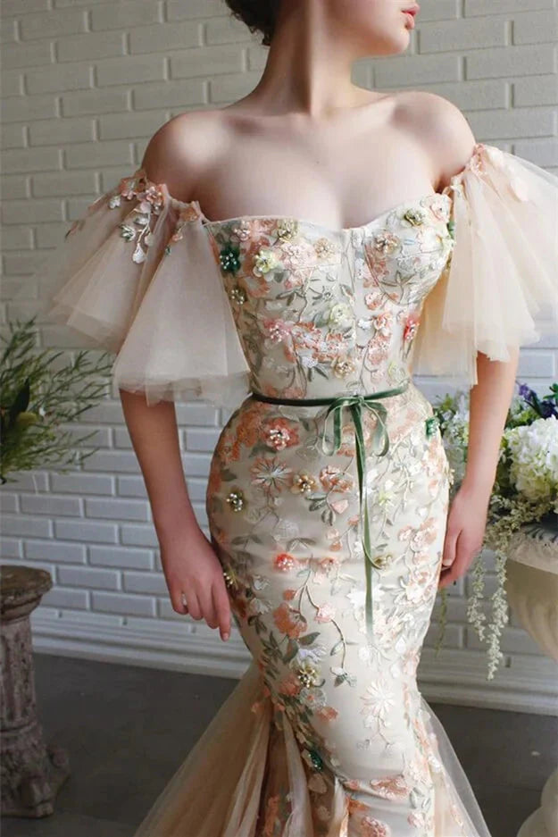 Gorgeous Off-the-Shoulder Tulle Evening Dress Mermaid Long With Flowers