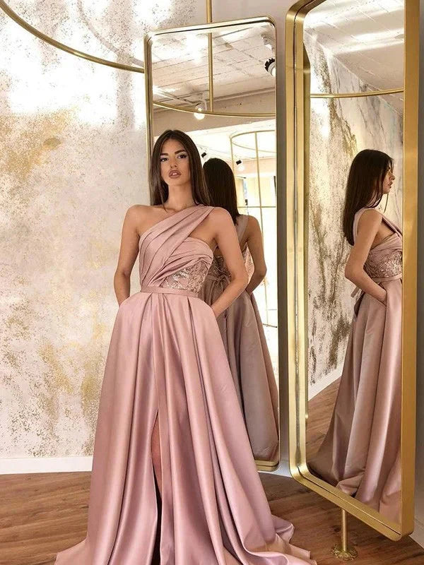 Gorgeous One Shoulder Evening Dress Split With Poacket