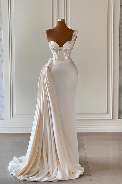 Gorgeous One Shoulder Ivory Wedding Gowns with Sweetheart Ruffle and Pearls