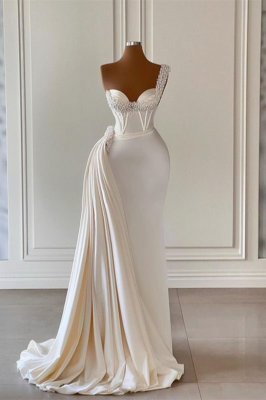 Gorgeous One Shoulder Ivory Wedding Gowns with Sweetheart Ruffle and Pearls