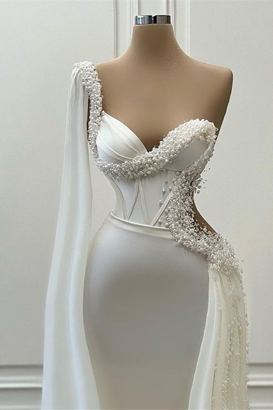 Gorgeous One Shoulder Ruffle Mermaid Wedding Gowns with Sweetheart & Pearls