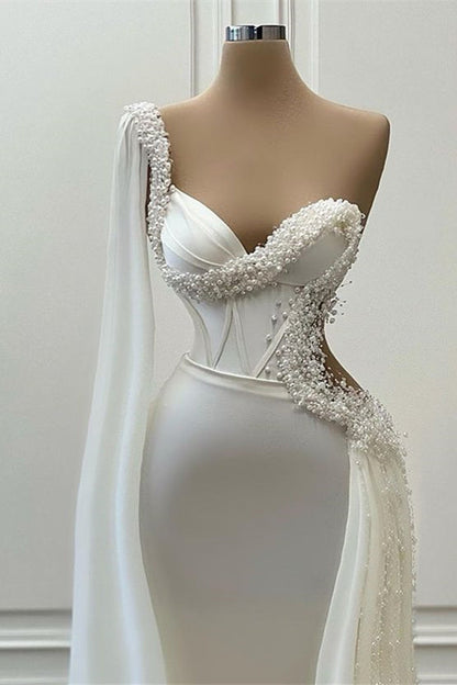 Gorgeous One Shoulder Ruffle Mermaid Wedding Gowns with Sweetheart & Pearls