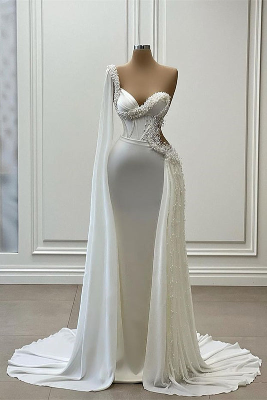 Gorgeous One Shoulder Ruffle Mermaid Wedding Gowns with Sweetheart & Pearls