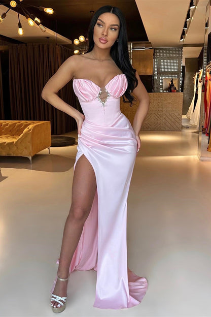 Gorgeous Pink Strapless Mermaid Prom Dress with Pleats and Beaded Split Online