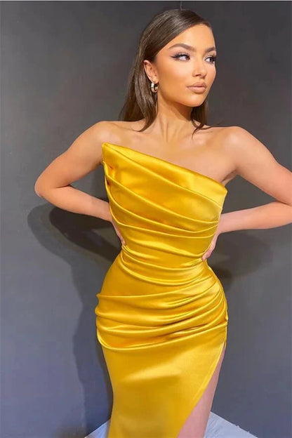 Gorgeous Pleated Strapless Mermaid Yellow Evening Dress Split Long