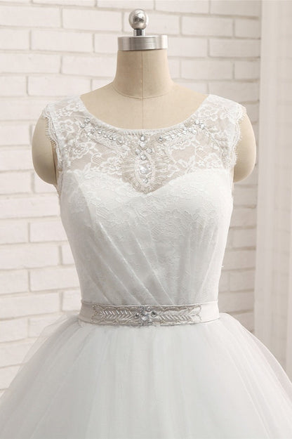 Gorgeous Princess Jewel Long Wedding Dress With Tulle Lace