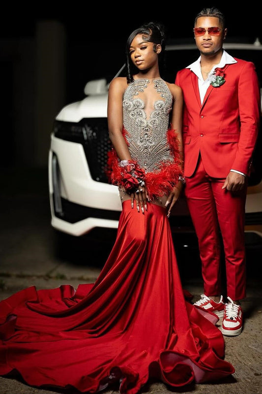 Gorgeous Red Crystal Mermaid Sleeveless Prom Dress with Fur