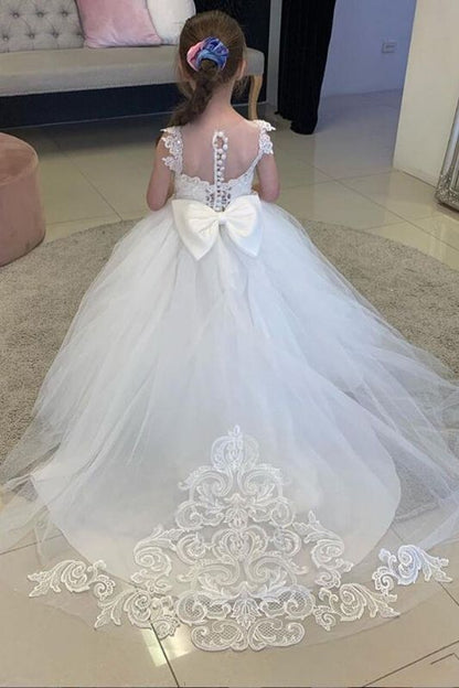 Gorgeous Sleeveless Ball Gown Boho Flower Girls Dresses with Tulle Appliques and Bow