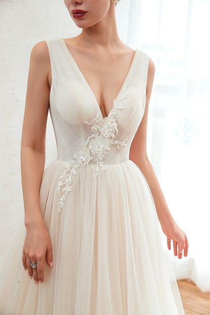 Gorgeous Straps Deep V-Neck Wedding Dress with Tulle
