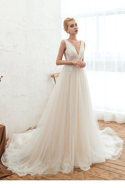 Gorgeous Straps Deep V-Neck Wedding Dress with Tulle