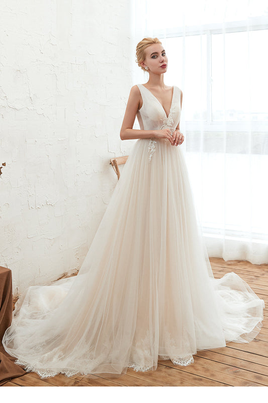 Gorgeous Straps Deep V-Neck Wedding Dress with Tulle