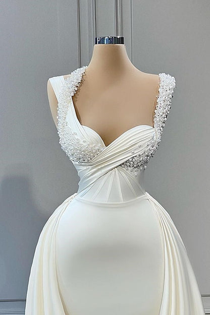 Gorgeous Straps Sweetheart Mermaid Wedding Gowns with Pearls Overskirt