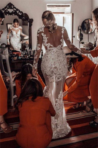 Gorgeous Tulle Lace Appliques Wedding Dress with Column Long Sleeves and Backless Mermaid Style