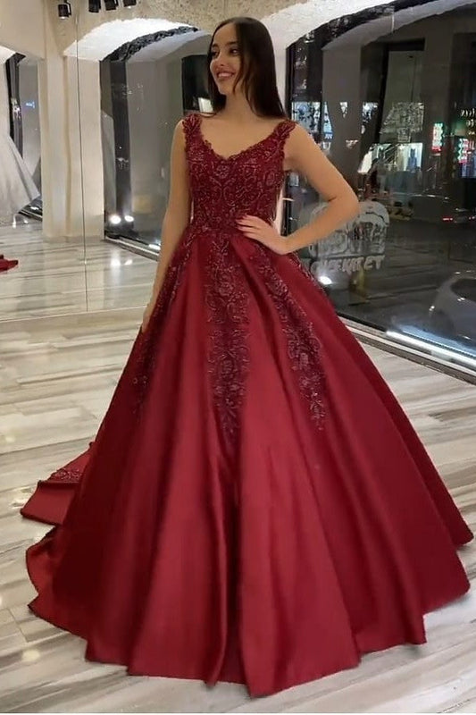 Gorgeous V-neck Satin Ruffles Train Wedding Dress With Appliques Beading