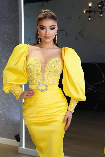Gorgeous Yellow Long Sleeves Mermaid Evening Dress Split With Seuqins Beads
