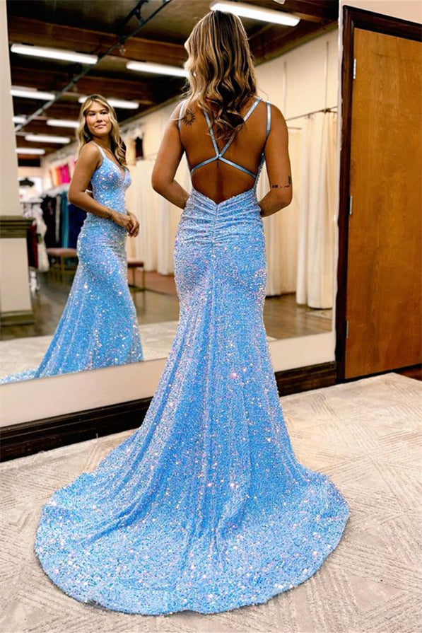 Grad Party Ready: Blue Mermaid Evening Dress with Red & Black Open Back