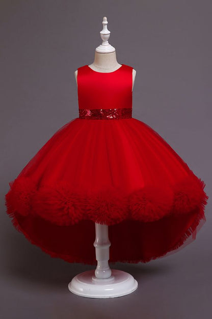 Green Jewel Hi-Lo Flower Girl Dress with Appliques