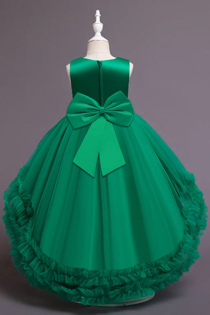 Green Jewel Hi-Lo Flower Girl Dress with Appliques