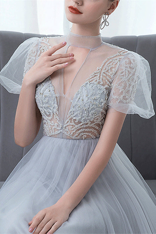 Grey Tulle Evening Dress with Bowknot and High Collar Appliques
