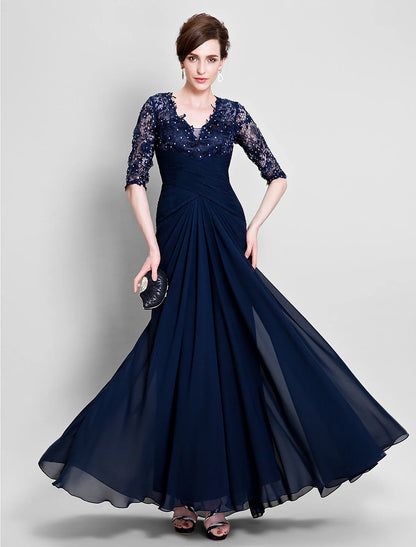 Aimishang A-Line Mother of the Bride Dress See Through V Neck Floor Length Chiffon Lace Half Sleeve No with Lace Beading