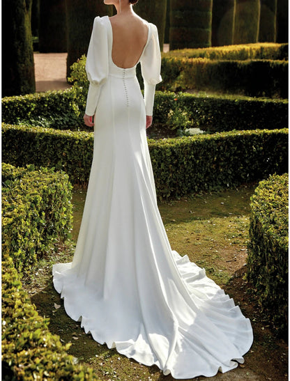Hall Open Back Royal Style Fall Formal Wedding Dresses Sheath / Column V Neck Long Sleeve Court Train Stretch Fabric Bridal Gowns With Split