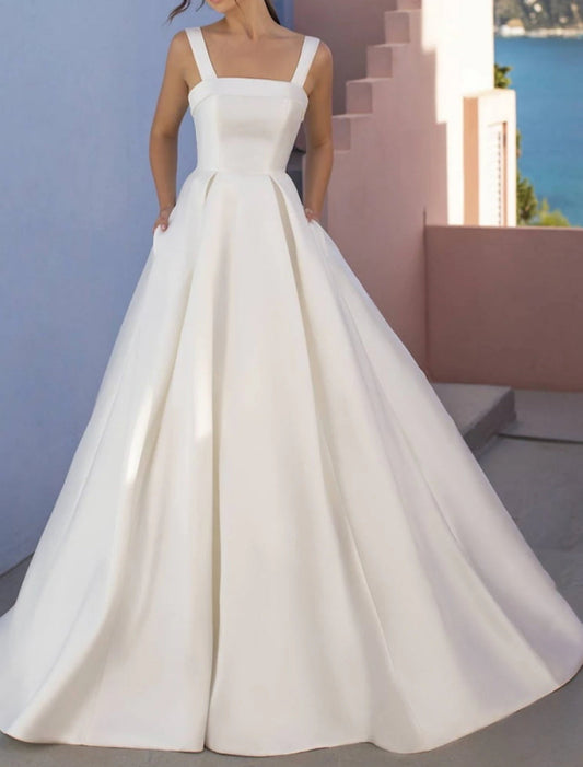 Hall Casual Wedding Dresses A-Line Square Neck Regular Straps Sweep / Brush Train Satin Bridal Gowns