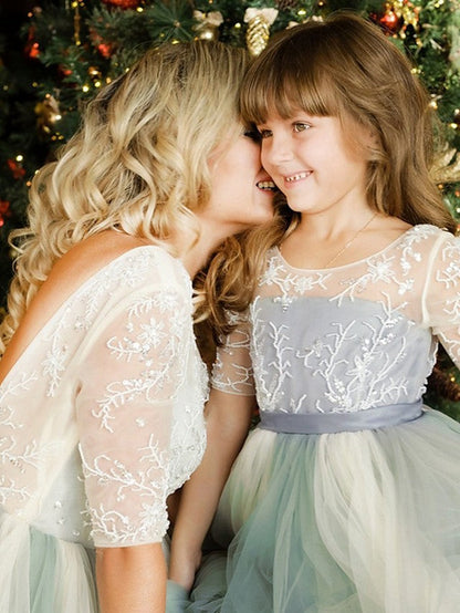Half Sleeve Jewel Neck A-Line Flower Girl Dress with Lace Tulle and Bow Paillette