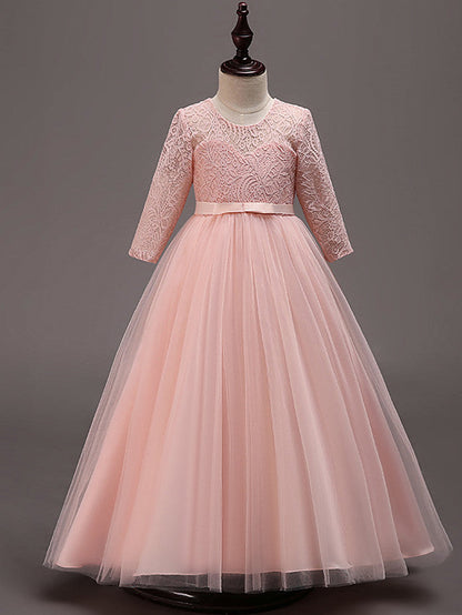 Half Sleeve Lace Tulle Jewel Neck Floor Length Flower Girl Dress With Cotton Belt