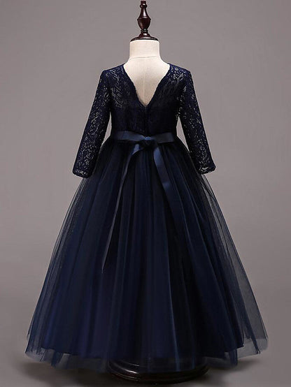 Half Sleeve Lace Tulle Jewel Neck Floor Length Flower Girl Dress With Cotton Belt