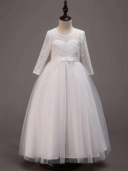 Half Sleeve Lace Tulle Jewel Neck Floor Length Flower Girl Dress With Cotton Belt