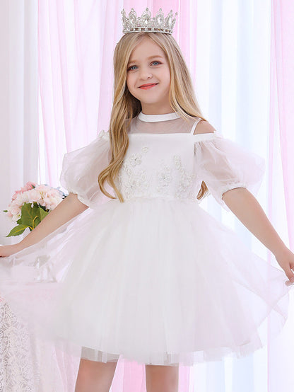 Halter Neck 3/4 Length Sleeve Satin Ball Gown with Beadings and Appliques for Flower Girl