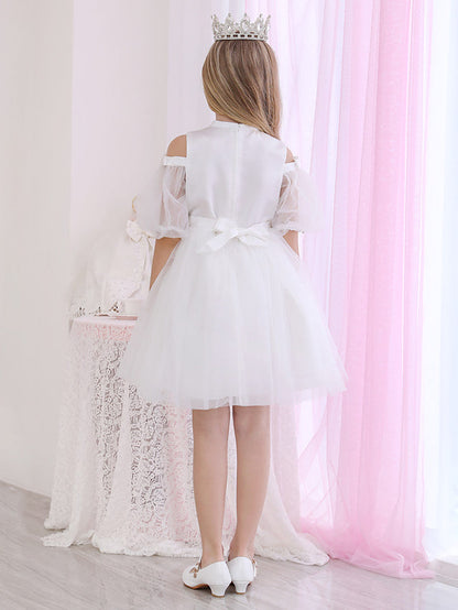 Halter Neck 3/4 Length Sleeve Satin Ball Gown with Beadings and Appliques for Flower Girl