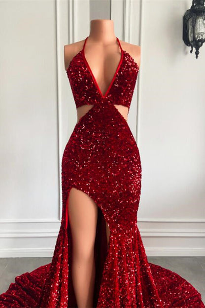 Halter Wine Red Sequins Mermaid Prom Dress With Split