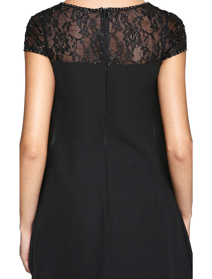 Aimishang A-Line Mother of the Bride Dress Plus Size Elegant Illusion Neck Knee Length Chiffon Lace Short Sleeve with Sequin