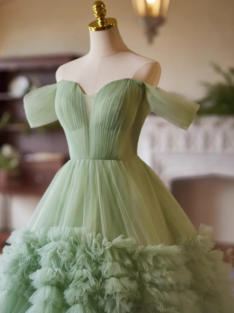 A-Line Off Shoulder Tulle Green Long Prom Dress Sweet 16 Dress Floor Length Solid Color