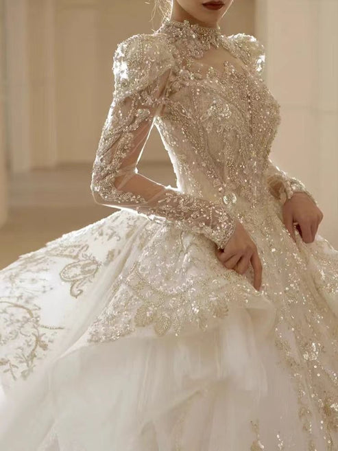 Floral Lace Off-Shoulder Fit and Flare Wedding Dress Long Sleeve Sparkly Elegant