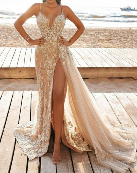 Spaghetti Strap Mermaid Wedding Dress With Beaded Split Sexy Sleeveless Floor Length