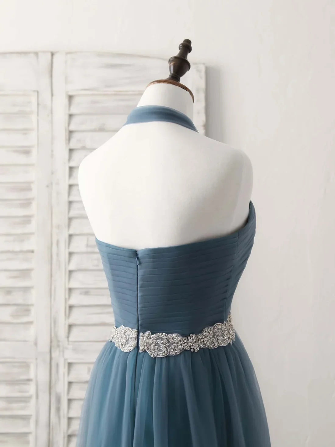 A-Line Gray Blue Tulle Long Bridesmaid Dress Floor-length Beading Prom Dress Elegant