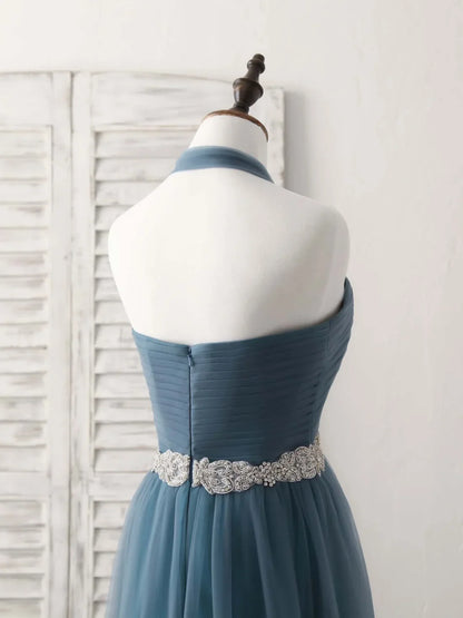 A-Line Gray Blue Tulle Long Bridesmaid Dress Floor-length Beading Prom Dress Elegant