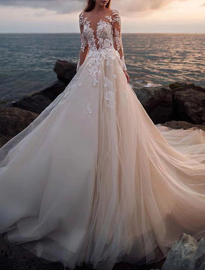 Beach Open Back Wedding Dresses A-Line Illusion Neck Long Sleeve Court Train Lace Bridal Gowns With Appliques Beautiful