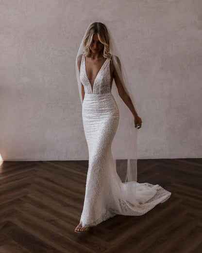 Sparkly Mermaid V Neck Sequins Lace Long Wedding Dresses Open Back Sexy