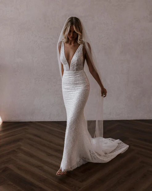 Sparkly Mermaid V Neck Sequins Lace Long Wedding Dresses Open Back Sexy