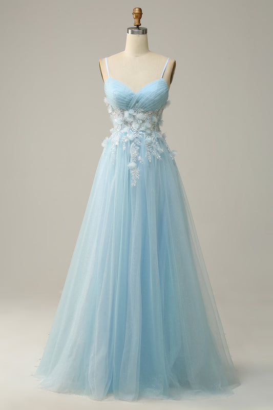 A Line Spaghetti Straps Sky Blue Prom Dress with Appliques Beautiful